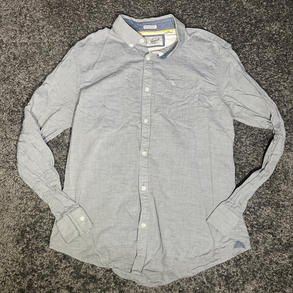 Penguin L/S Button Shirt Men's Large‎ Blue  Striped Heritage Slim Fit